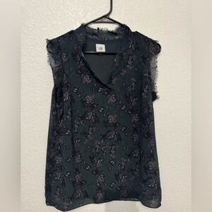 Cabi Floral Print Sleeveless Top Frayed Trim V‎ Neck Blouse